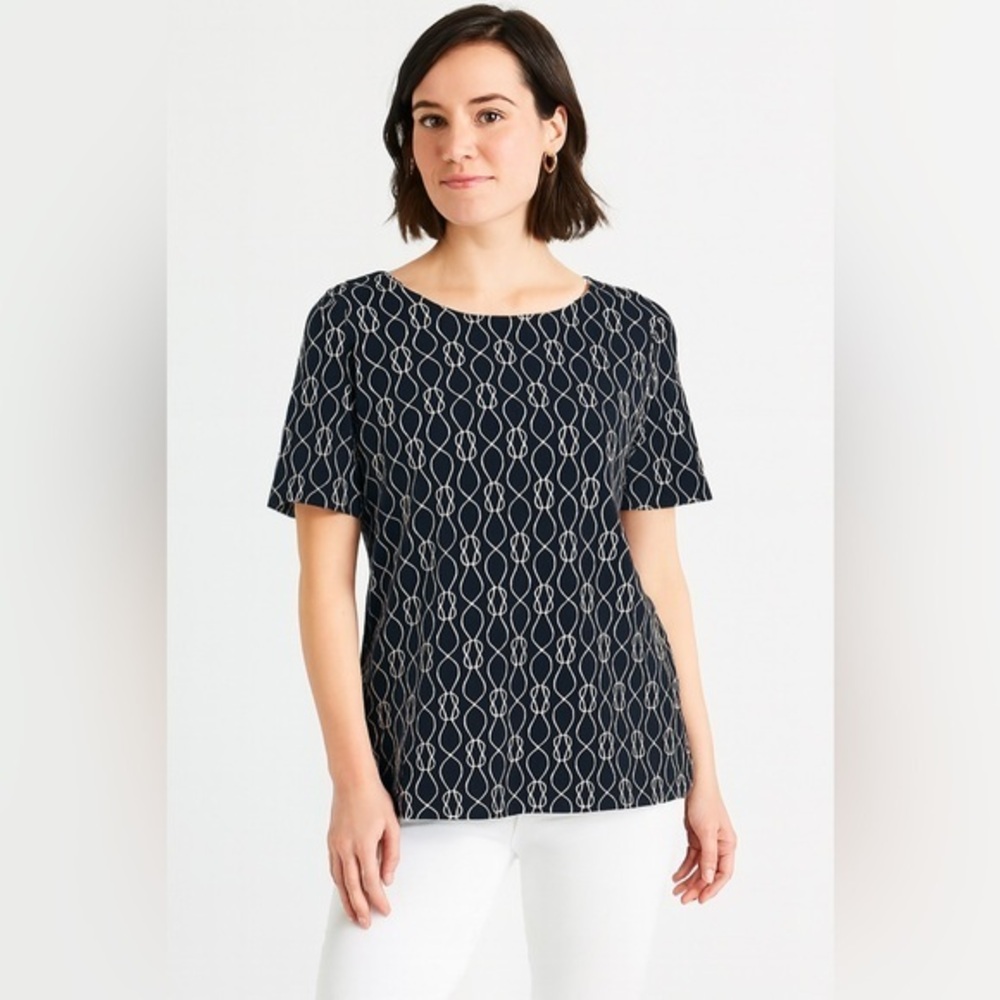 Charter Club Women's Navy White Pima Cotton Elbow Sleeve knit top. XL #640